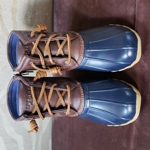 Sperry Girls Saltwater Boots, Size 1M, Brown Upper, Navy Blue Lower